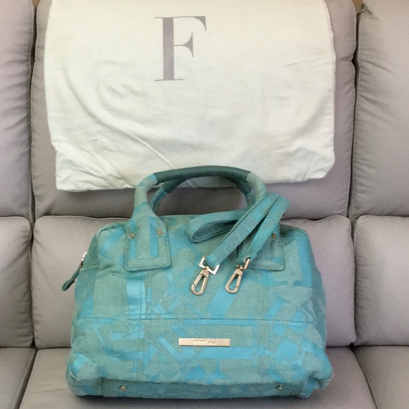 FERRE Milano light green/turquoise canvas 2-way bowling bag. NWOT - Picture 1 of 8